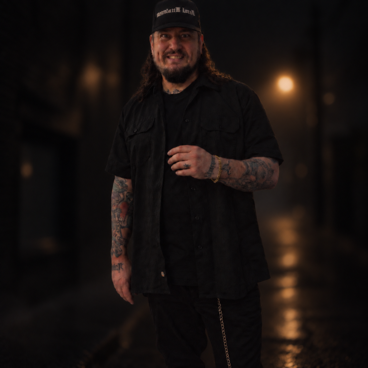 Feral Business standing in a rain-darkened alley at night