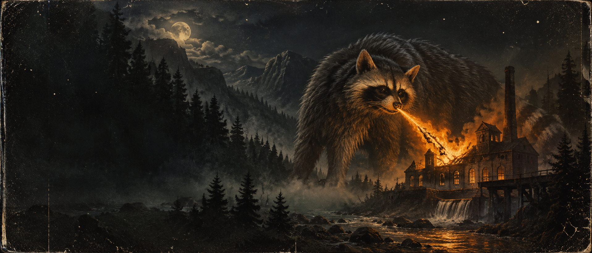 FERAL BUSINESS fire-breathing raccoon in a moonlit mountain valley